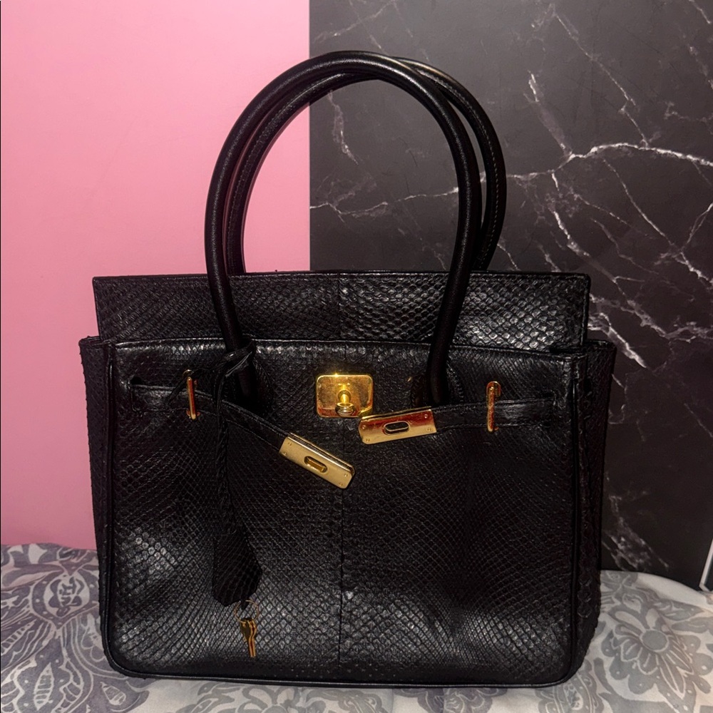 Structured Black Leather Satchel with Gold-Tone Hardware snake skin - Picture 4 of 16